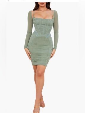Freyja Satin Ruched Long Sleeve Body-Con Dress size Large